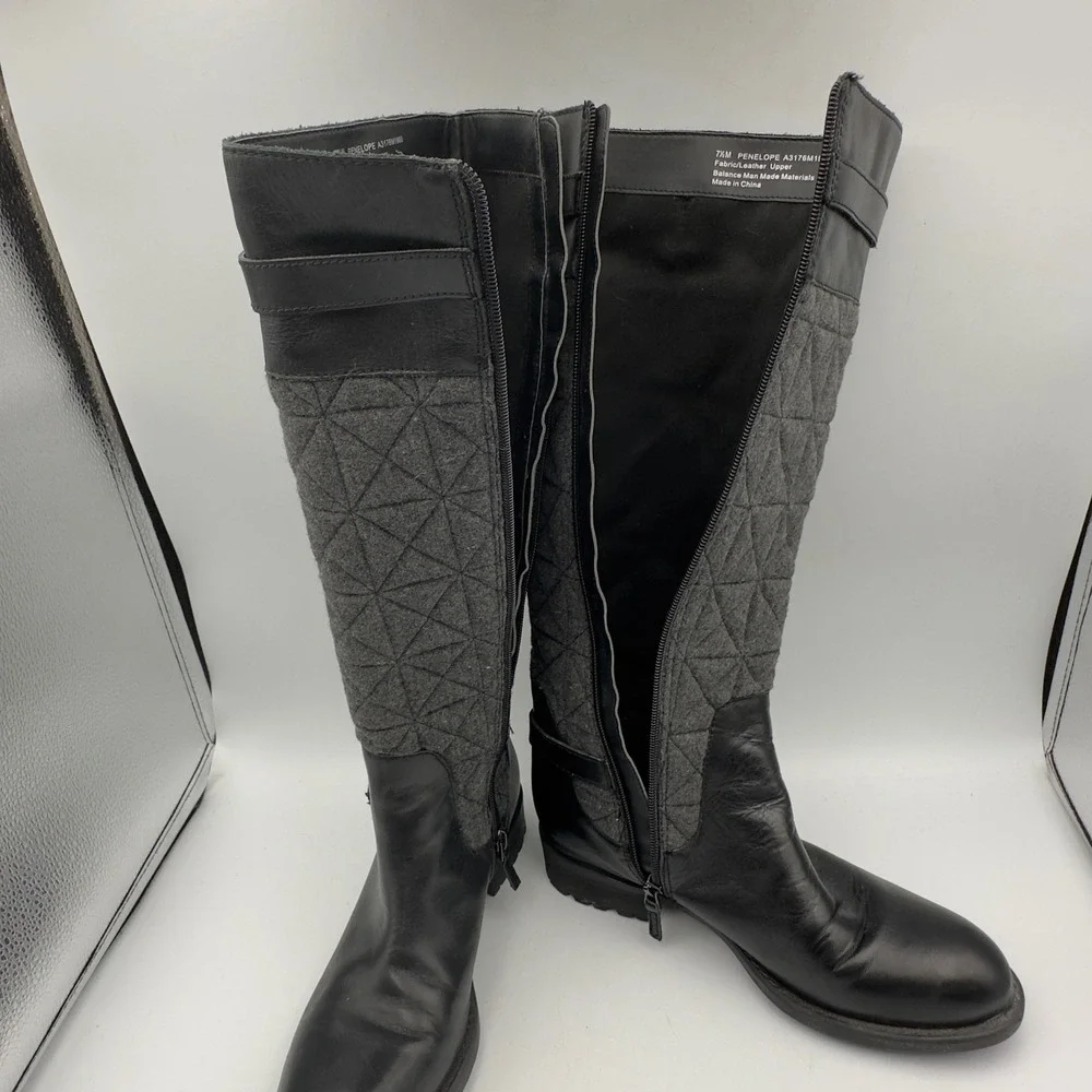 Franco Sarto Penelope Black Leather Grey Quilted Wool Tall Riding Boots 7.5M